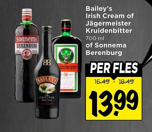 Bailey's Irish Cream of Jägermeister Kruidenbitter 700 ml of Sonnema Berenburg PER FLES