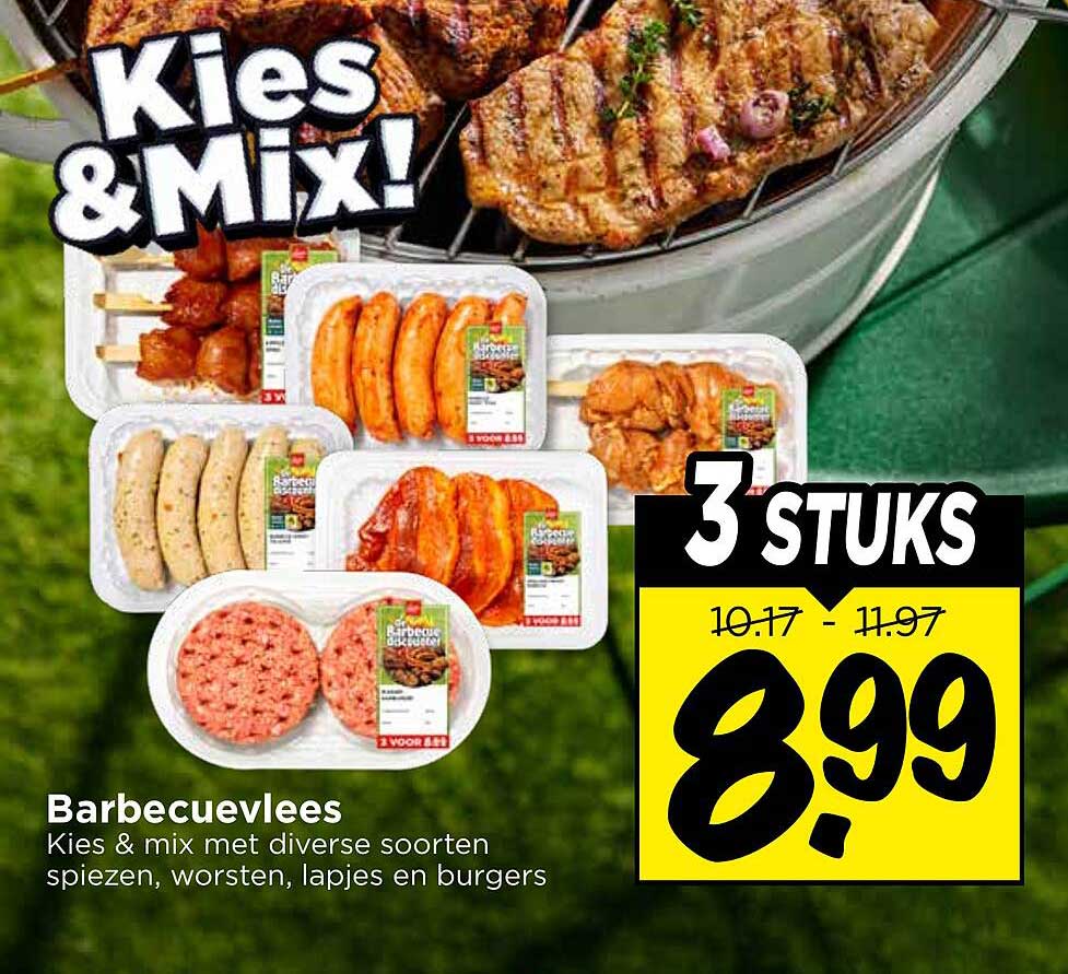 Barbecuevlees Kies & mix met diverse soorten spiezen, worsten, lapjes en burgers 3 stuks