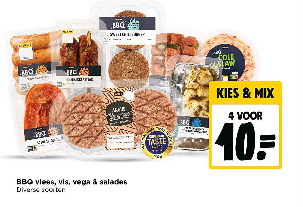 BBQ vlees, vis, vega & salades - Diverse soorten KIES & MIX 4 VOOR 10