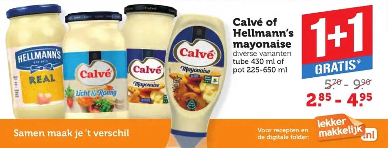 Calvé of Hellmann’s mayonaise diverse varianten tube 430 ml of pot 225-650 ml 1+1 GRATIS*