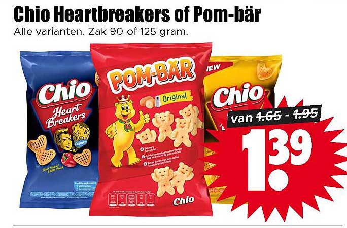 Chio Heartbreakers of Pom-bär Alle varianten. Zak 90 of 125 gram.