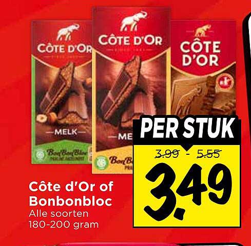 Côte d'Or of Bonbonbloc Alle soorten 180-200 gram PER STUK