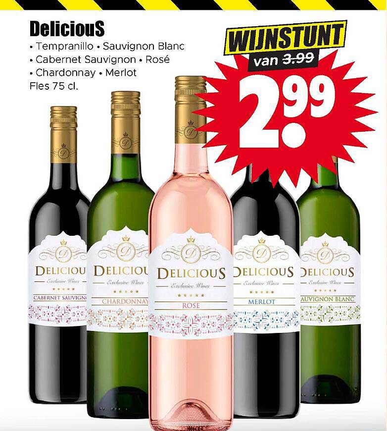 Delicious • Tempranillo • Sauvignon Blanc • Cabernet Sauvignon • Rosé • Chardonnay • Merlot Fles 75 cl. WIJNSTUNT