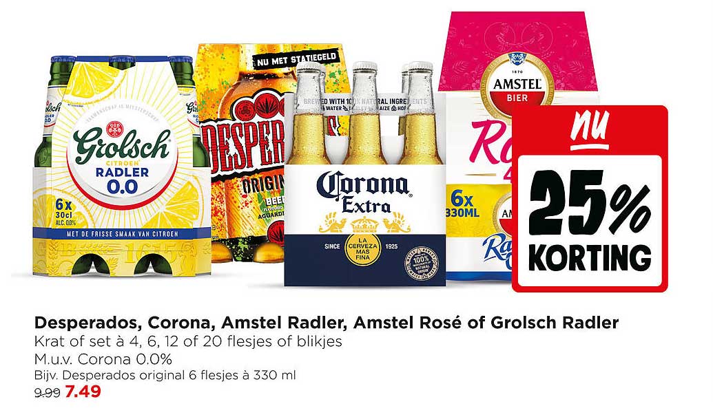 Desperados, Corona, Amstel Radler, Amstel Rosé of Grolsch Radler 25% korting