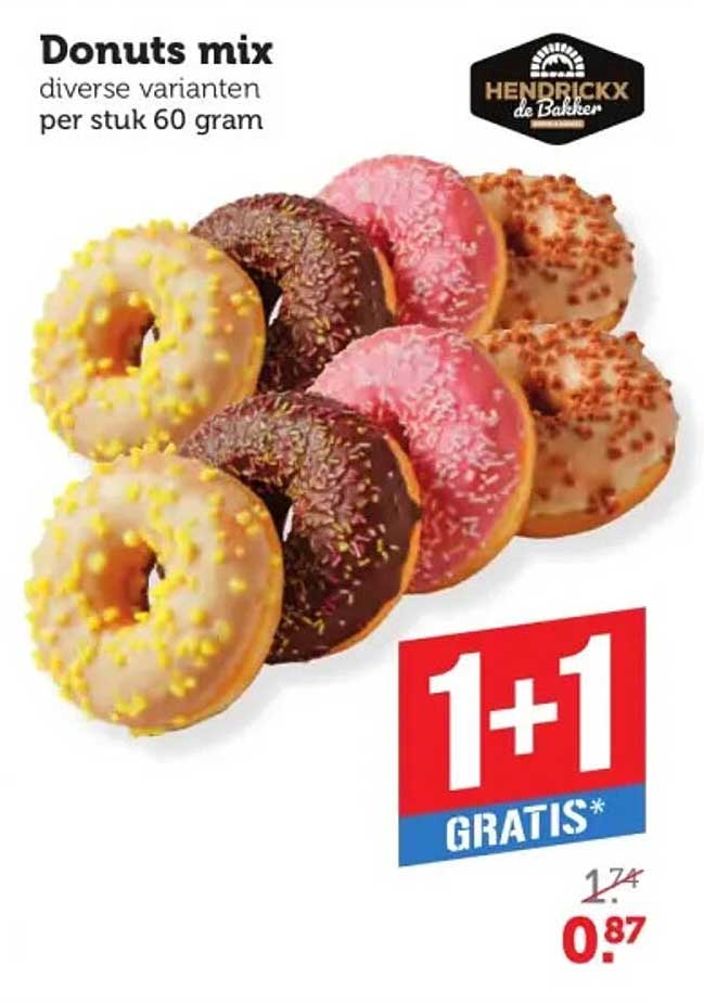 Donuts mix diverse varianten per stuk 60 gram 1+1 GRATIS*