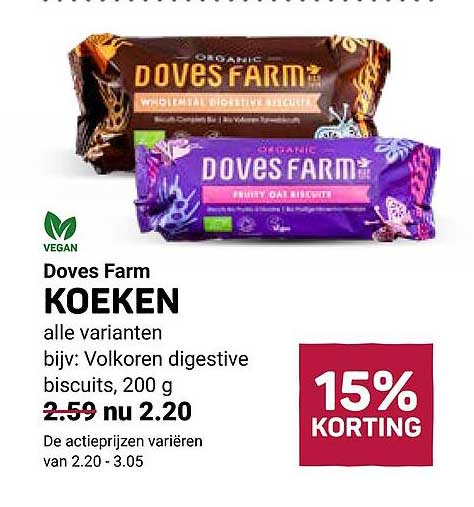Doves Farm KOEKEN alle varianten bijv: Volkoren digestive biscuits, 200 g 15% KORTING