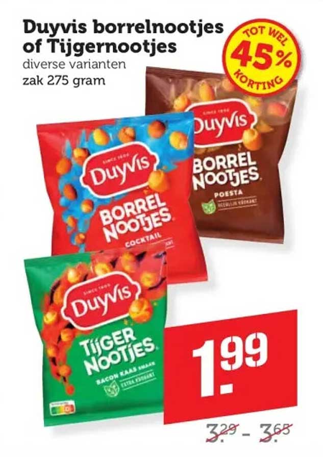 Duyvis borrelnootjes of Tijgernootjes diverse varianten zak 275 gram