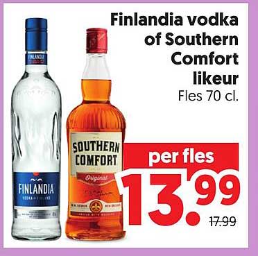 Finlandia vodka of Southern Comfort likeur Fles 70 cl.