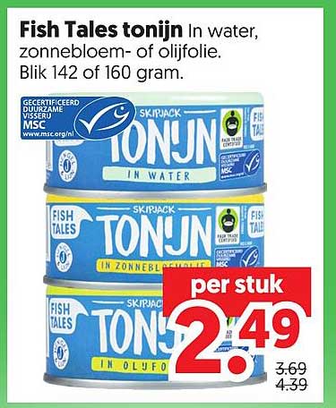Fish Tales tonijn In water, zonnebloem- of olijfolie. Blik 142 of 160 gram.