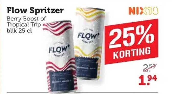 Flow Spritzer Berry Boost of Tropical Trip blik 25 cl 25% korting