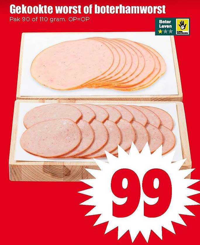 Gekookte worst of boterhamworst Pak 90 of 110 gram. OP=OP