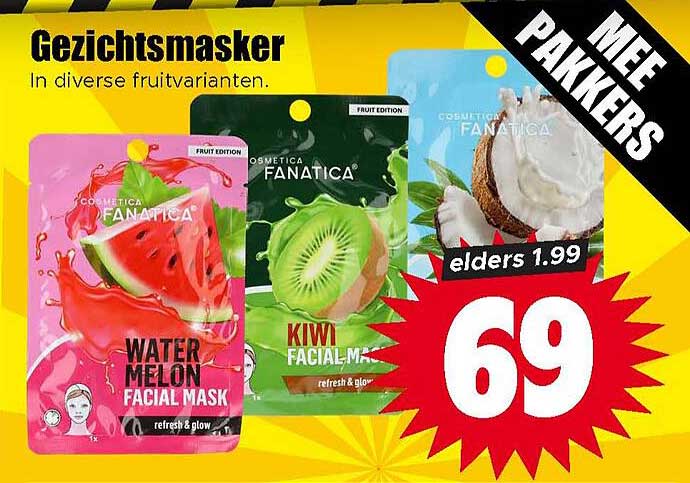 Gezichtsmaske in diverse fruitvarianten. Mij Pakkers