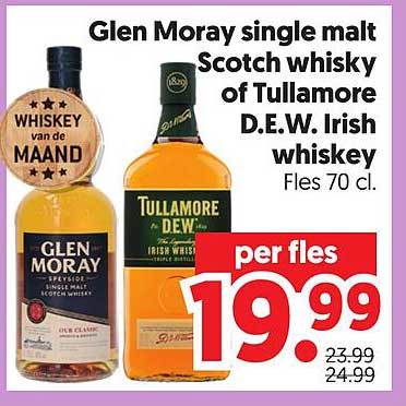 Glen Moray single malt Scotch whisky of Tullamore D.E.W. Irish whiskey Fles 70 cl.