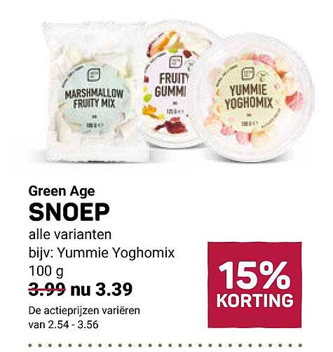 Green Age SNOEP alle varianten bijv: Yummie Yoghomix 100 g 15% KORTING