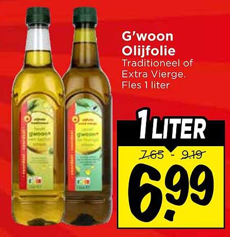 G'woon Olijfolie Traditioneel of Extra Vierge. Fles 1 liter
