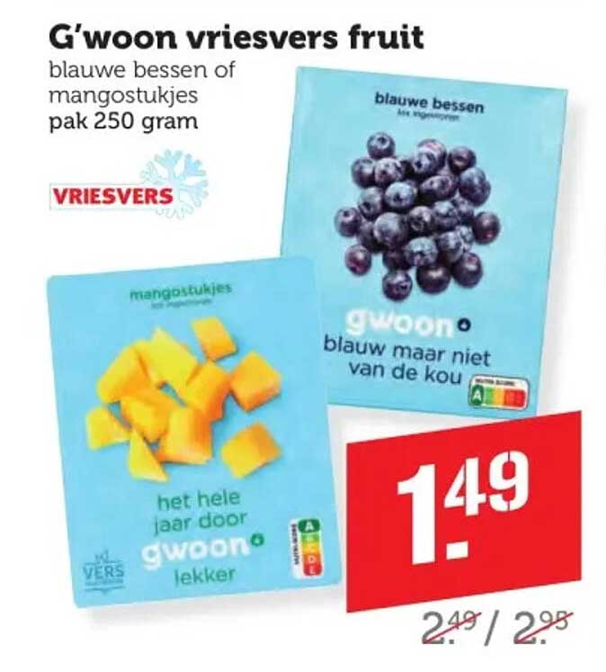 G'woon vriesvers fruit blauwe bessen of mangostukjes pak 250 gram