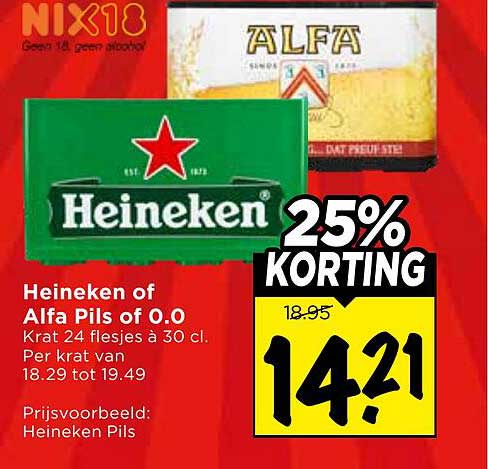 Heineken of Alfa Pils of 0.0 Krat 24 flesjes à 30 cl. Per krat van 18.29 tot 19.49 25% KORTING