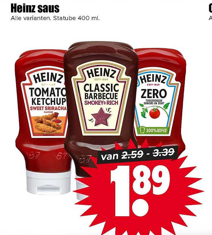 Heinz saus - Alle varianten. Statiebe 400 ml.