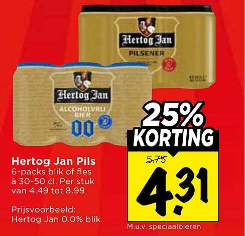 Hertog Jan Pils 6-packs blik of fles à 30-cl. Per stuk 25% korting