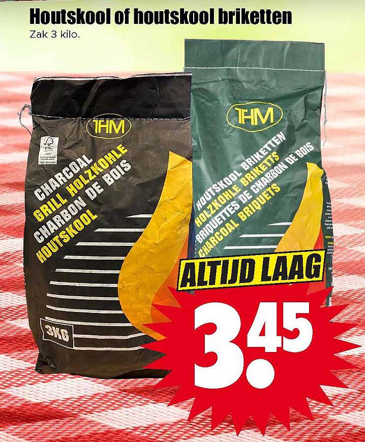 Houtskool of houtskool briketten Zak 3 kilo. ALTIJD LAAG