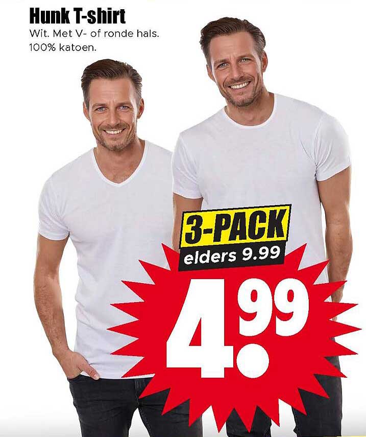 Hunk T-shirt Wit. Met V- of ronde hals. 100% katoen. 3-PACK elders 9.99
