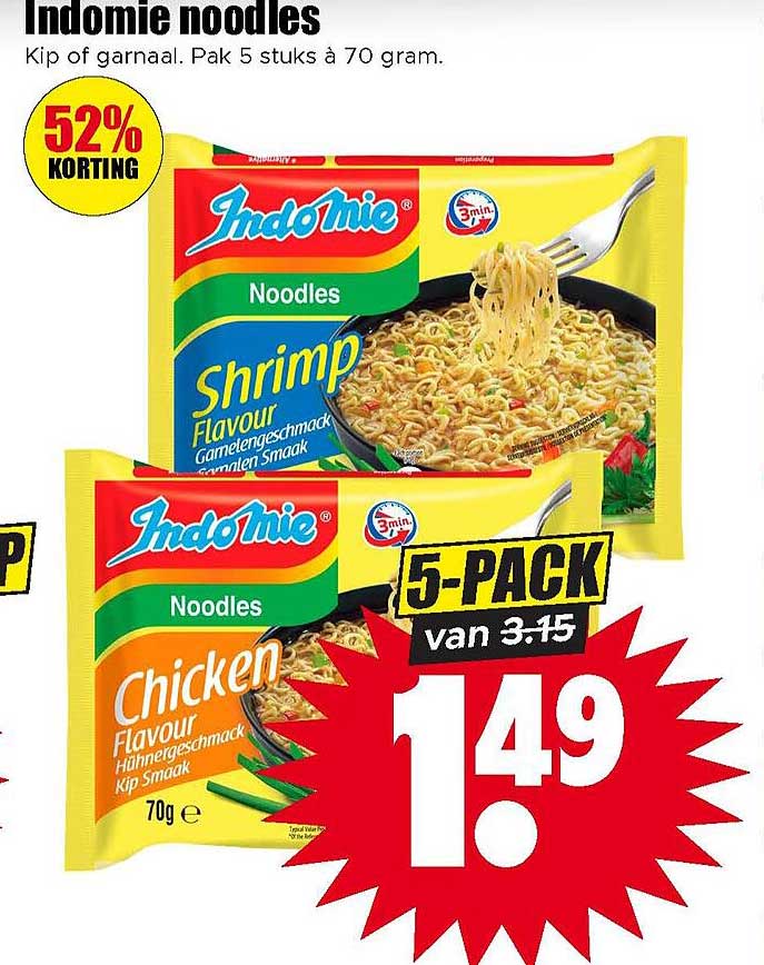 Indomie noodles Kip of garnal. Pak 5 stuks à 70 gram. 52% korting 5-PACK