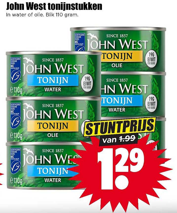 John West tonijnstukken In water of olie. Blik 110 gram