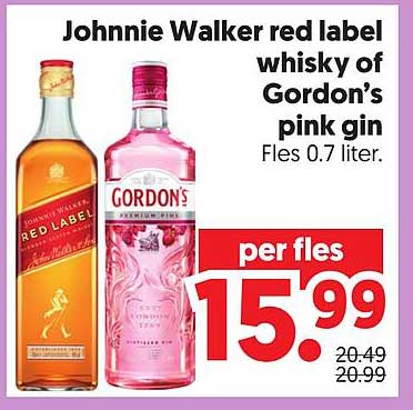 Johnnie Walker red label whisky of Gordon’s pink gin