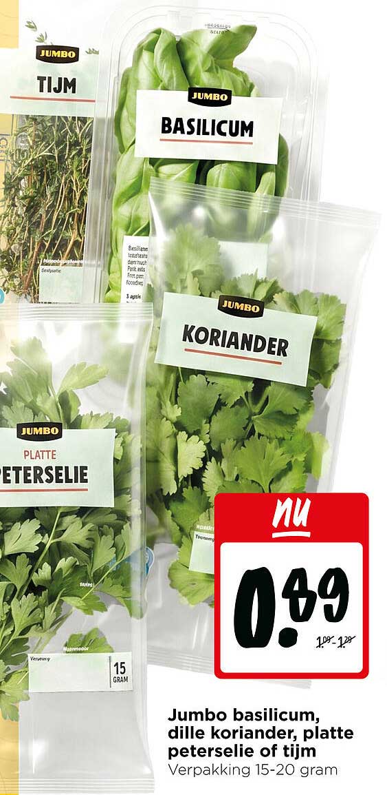Jumbo basilicum, dille koriander, platte peterselie of tijm