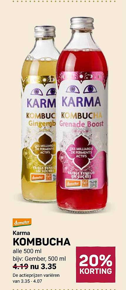 Karma KOMBUCHA alle 500 ml bijv: Gember, 500 ml 20% KORTING