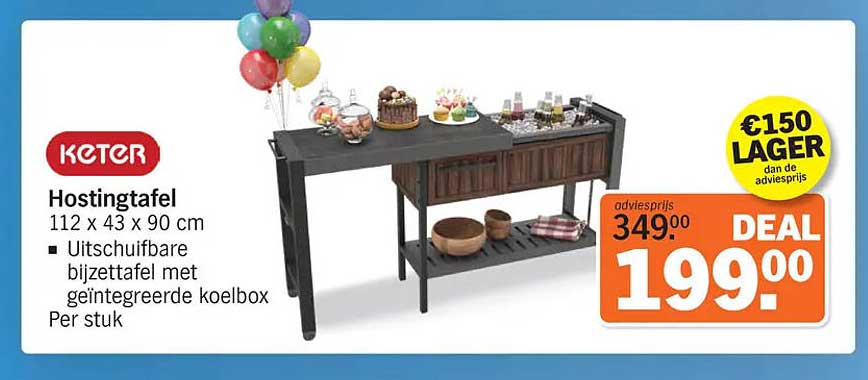 KETER Hostingtafel 112 x 43 x 90 cm Uitschuifbare bijzettafel met geïntegreerde koelbox Per stuk