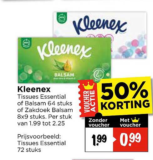 Kleenex Tissues Essential of Balsam 64 stuks of Zakdoek Balsam 8x9 stuks. Per stuk van 1.99 tot 2.25 50% KORTING