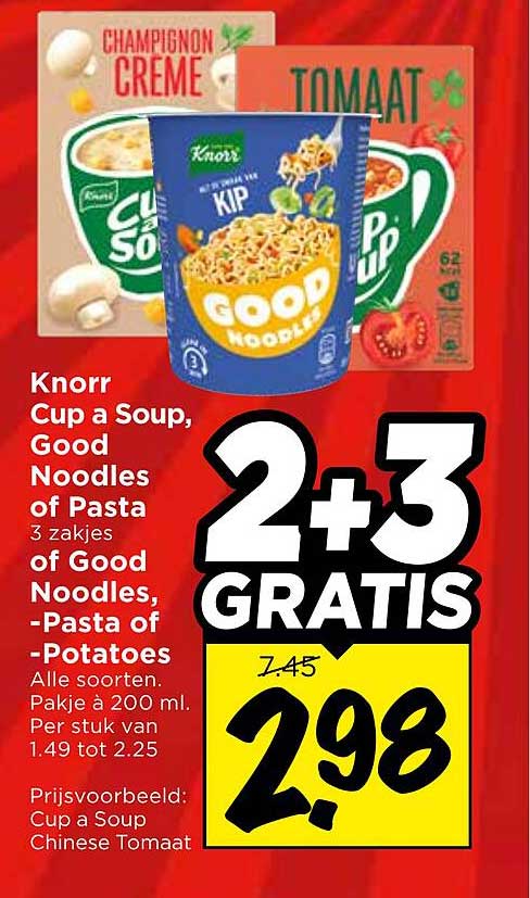 Knorr Cup a Soup, Good Noodles of Pasta 3 zakjes of Good Noodles, Pasta of Potatoes 2+3 GRATIS