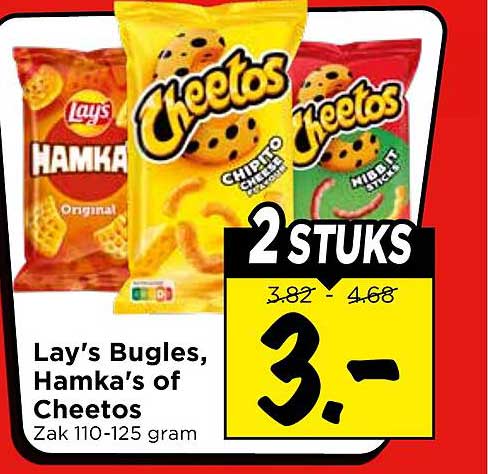 Lay’s Bugles, Hamka’s of Cheetos 2 STUKS