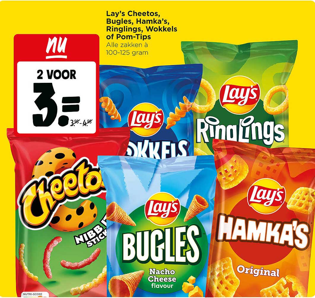 Lay’s Cheetos, Bugles, Hamka’s, Ringlings of Pom-Tips Alle zakken à 100-125 gram 2 voor 3=