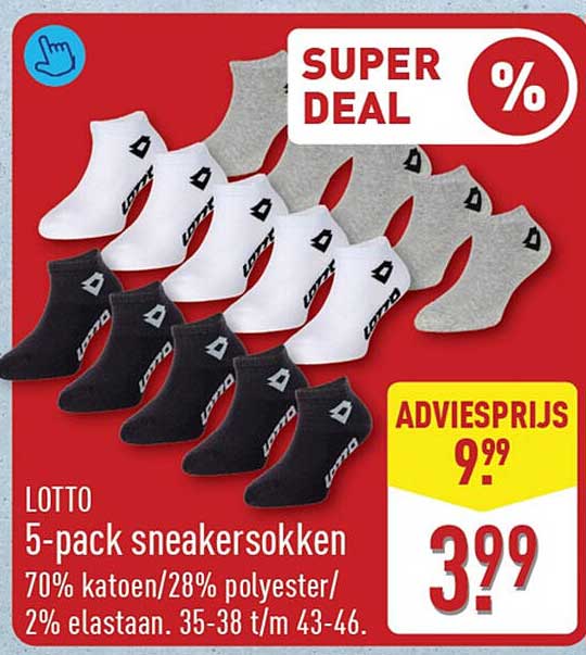 LOTTO 5-pack sneakersokken 70% katoen/28% polyester/2% elastaan. 35-38 t/m 43-46. SUPER DEAL