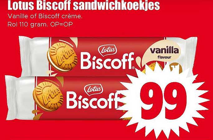 Lotus Biscoff sandwichkoekjes Vanille of Biscoff crème. Rol 110 gram. OP=OP