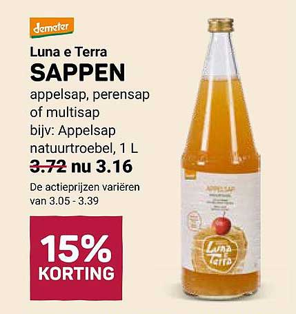 Luna e Terra SAPPEN appelsap, perensap of multisap bijv: Appelsap natuurtroebel, 1 L 15% KORTING