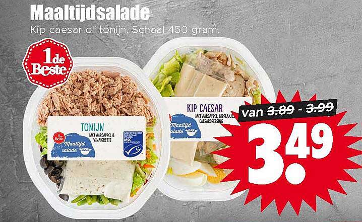 Maaltijdsalade Kip caesar of tonijn, schaal 450 gram