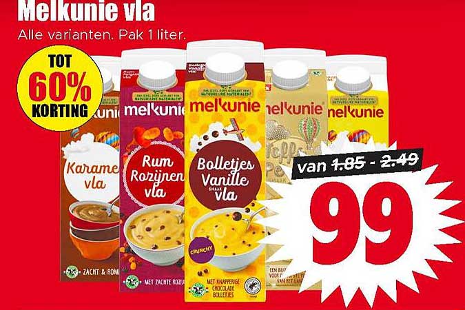 Melkunie vla Alle varianten. Pak 1 liter. TOT 60% KORTING