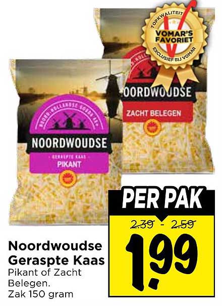 Noordwoudse Geraspte Kaas Pikant of Zacht Belegen Zak 150 gram PER PAK