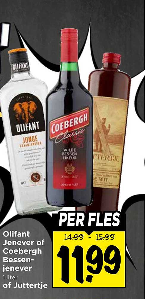 Olifant Jenever of Coebergh Bessen-jenever 1 liter of Juttertje PER FLES