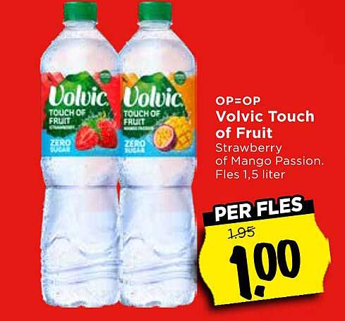 OP=OP Volvic Touch of Fruit Strawberry of Mango Passion. Fles 1.5 liter PER FLES