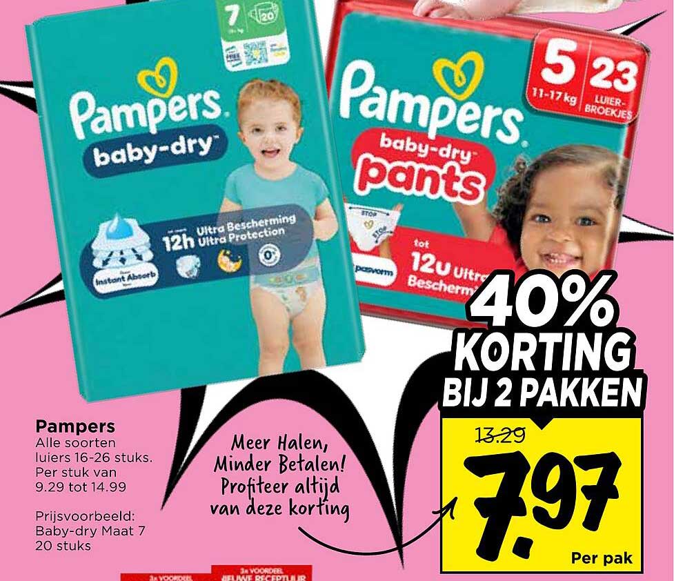 Pampers Alle soorten luiers 16-26 stuks. Per stuk van 9.29 tot 14.99 40% KORTING BIJ 2 PAKKEN