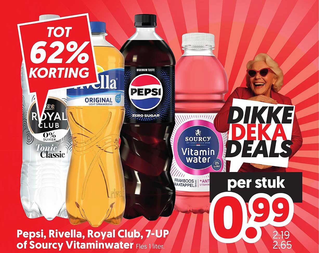 Pepsi, Rivella, Royal Club, 7-UP of Sourcy Vitaminwater fles 1 liter