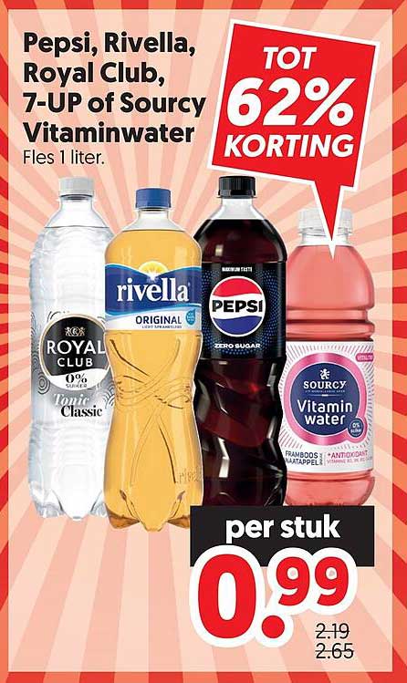 Pepsi, Rivella, Royal Club, 7-UP of Sourcy Vitaminwater Fles 1 liter. TOT 62% KORTING