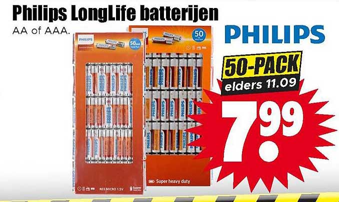 Philips LongLife batterijen AA of AAA.