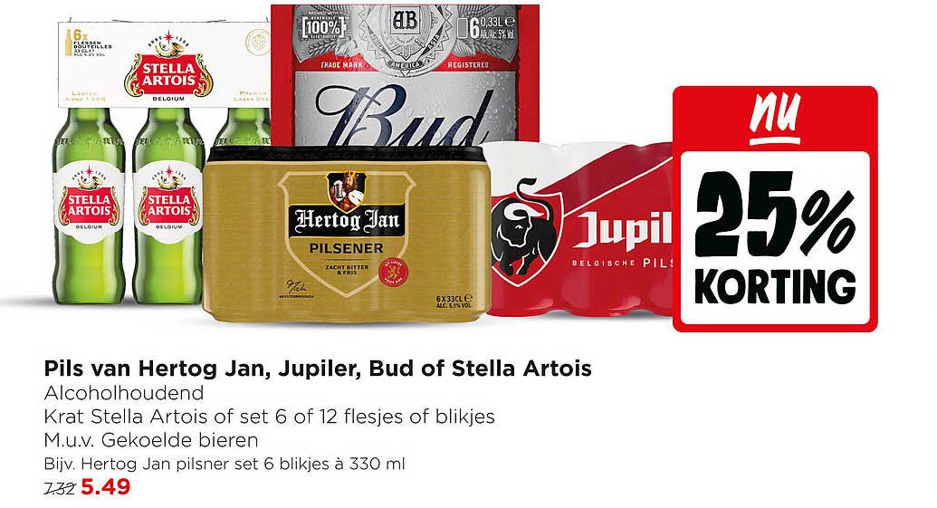 Pils van Hertog Jan, Jupiler, Bud of Stella Artois 25% korting