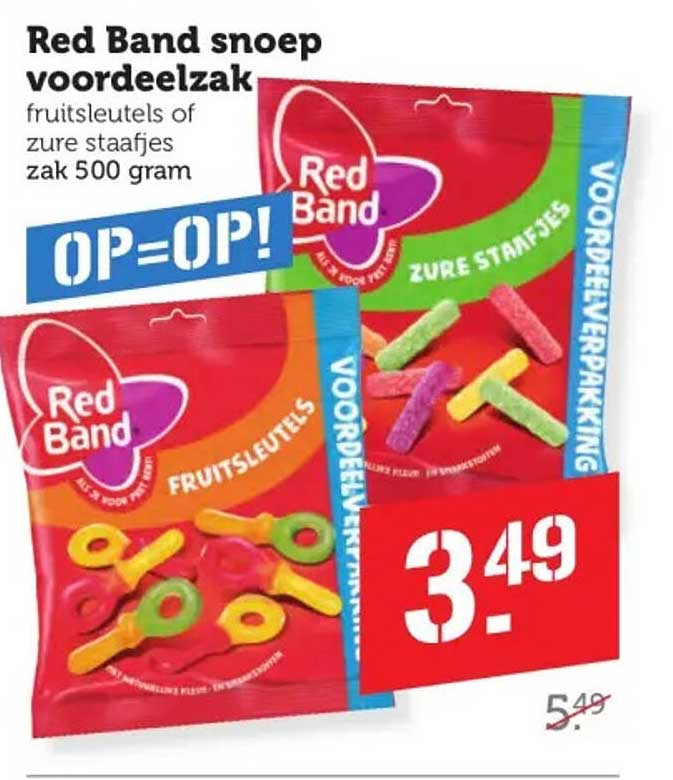 Red Band snoep voordelzak fruitsleutels of zure staafjes zak 500 gram OP=OP!