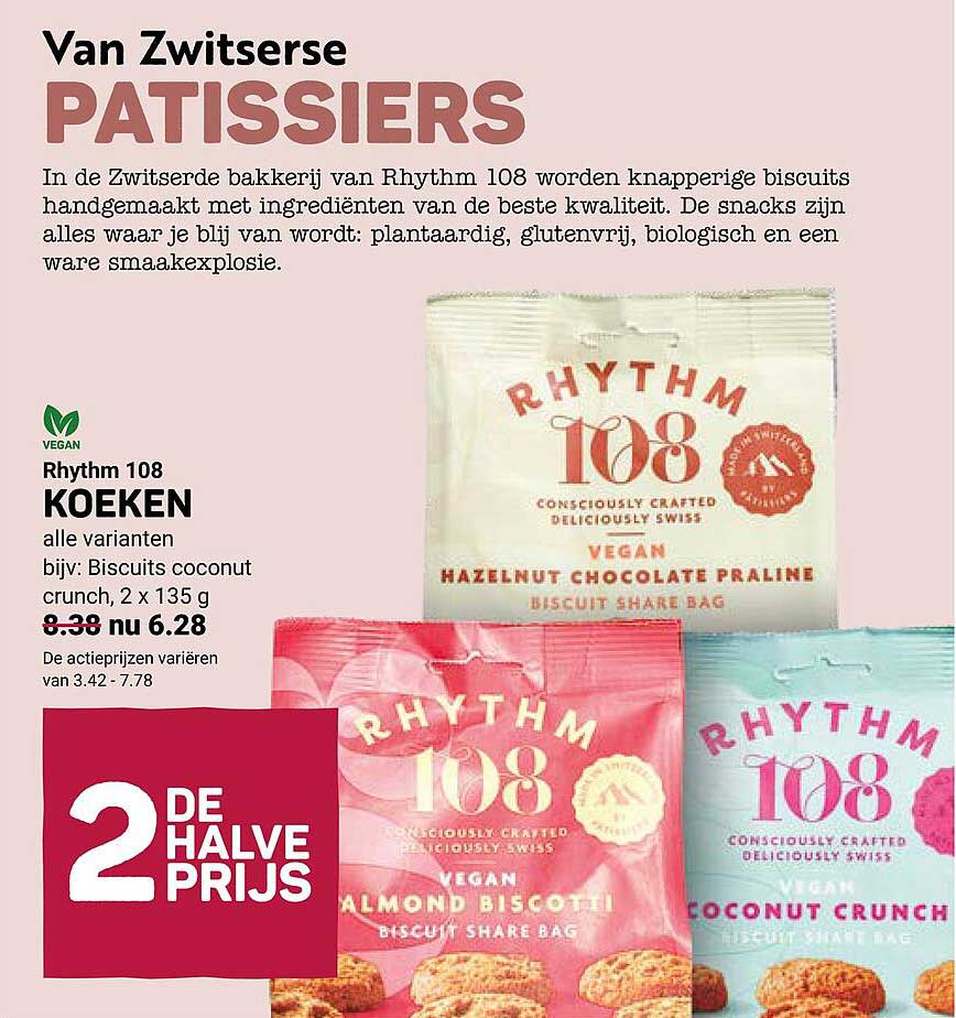 Rhythm 108 KOEKEN alle varianten bijv: Biscuits coconut crunch, 2 x 135 g 2e halve prijs
